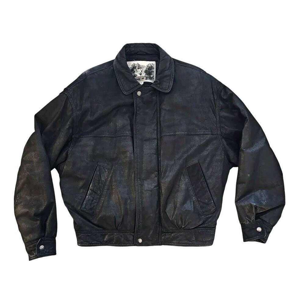 Luis Alvea Mens XL Black Genuine Leather Bomber Jacket‌ Motorcycle Jacket VTG